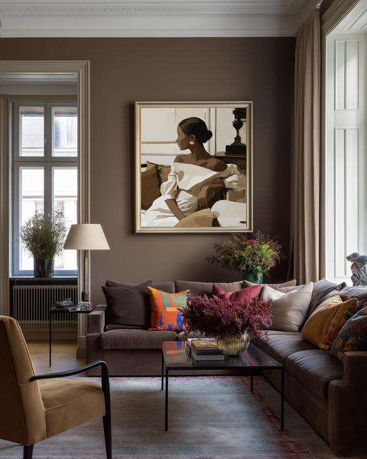Colorful luxury living room with a brown sofa, armchair, and wall art of an elegant woman.
