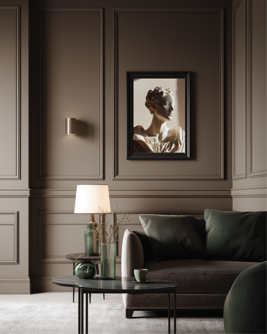 dark beige living room with green decorations and luxury sculpture wall art