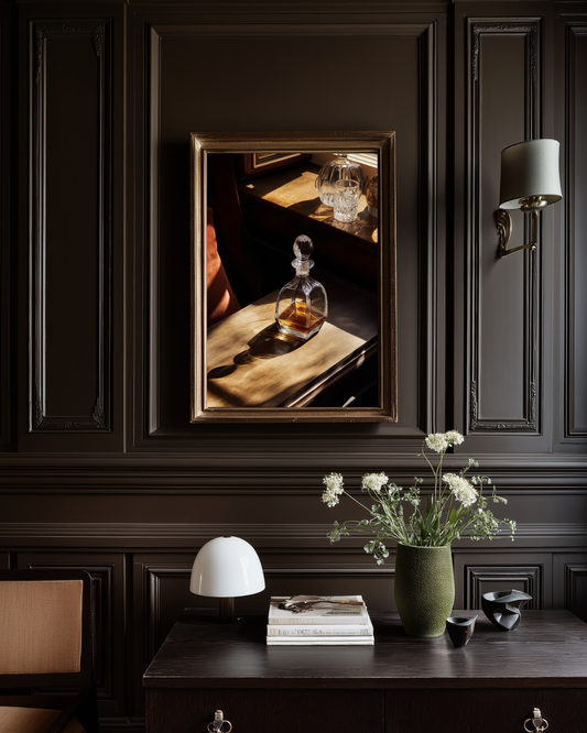 dark masculine home office with old money whisky bottle photography wall art
