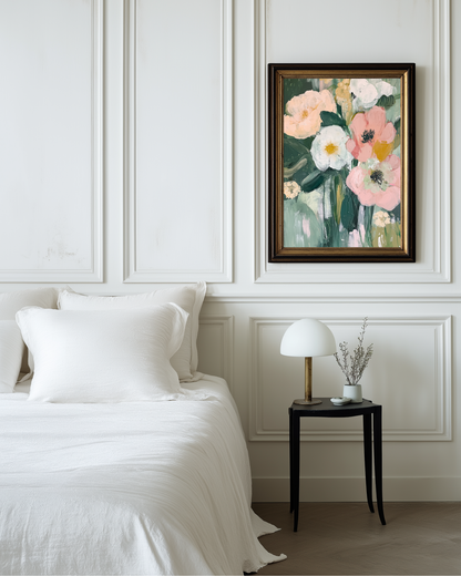 Neatly made bed in a bedroom with a floral painting on the wall.