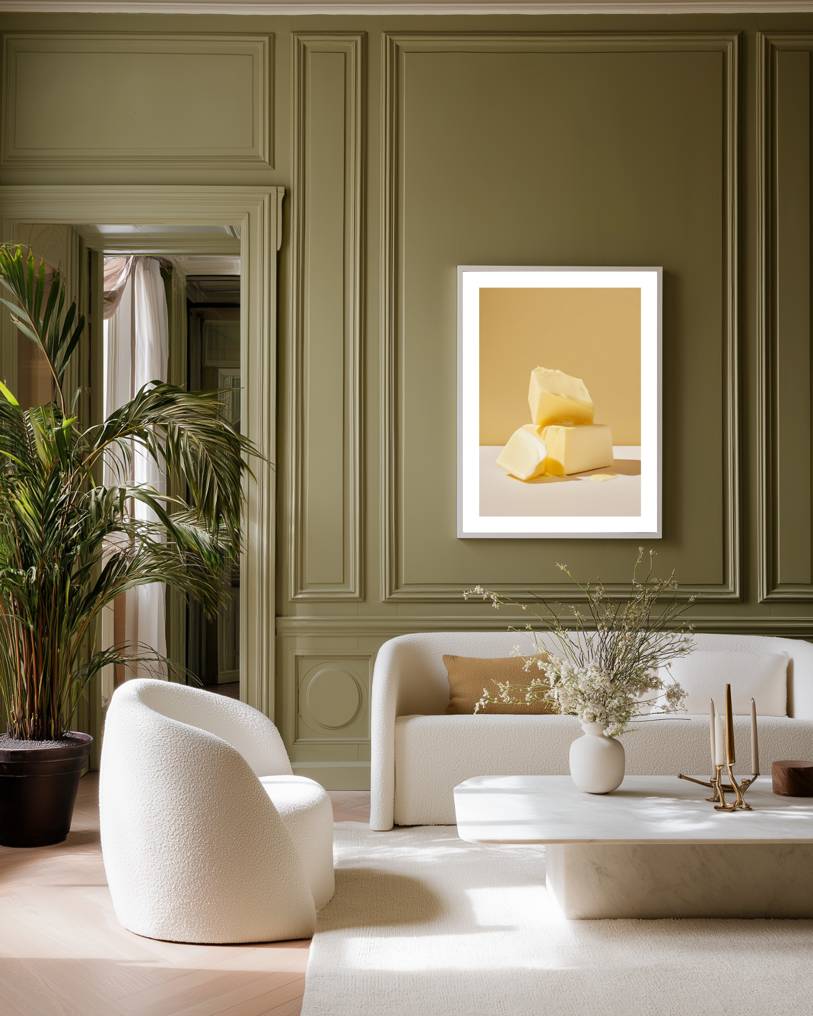 Modern living room with a framed poster of pieces of butter on a wall.