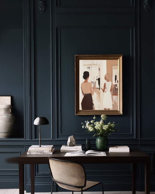 Dark blue wall with beige luxury oil painting, dark wood desk and chair in a home office