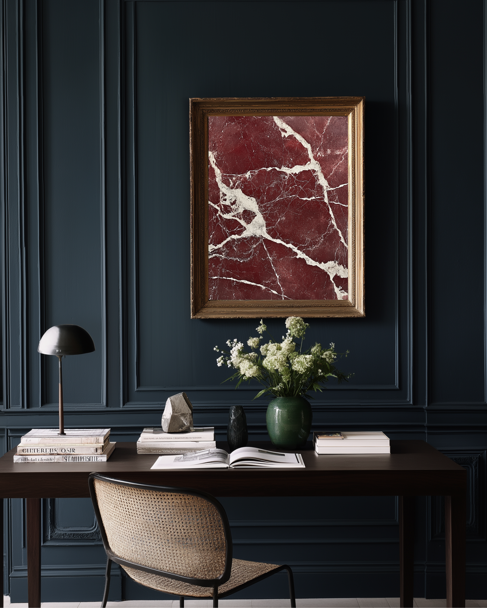 Dark wall with framed dark red marble art print, desk with books and lamp, and chair.