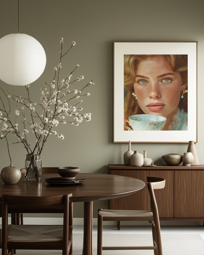 Dining room with wooden table, chairs, and a framed fashion portrait of a blonde woman on the wall.