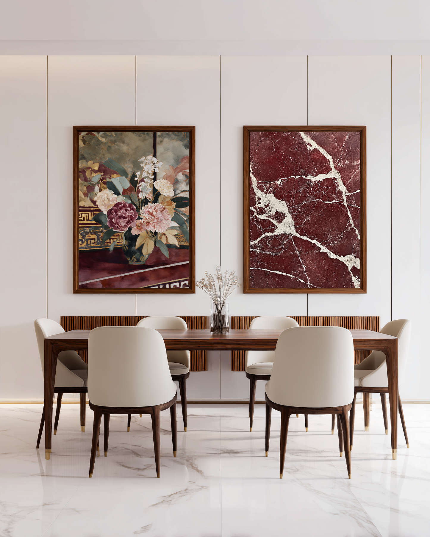 Dining room with a table and chairs, and two large posters in deep burgundy red.