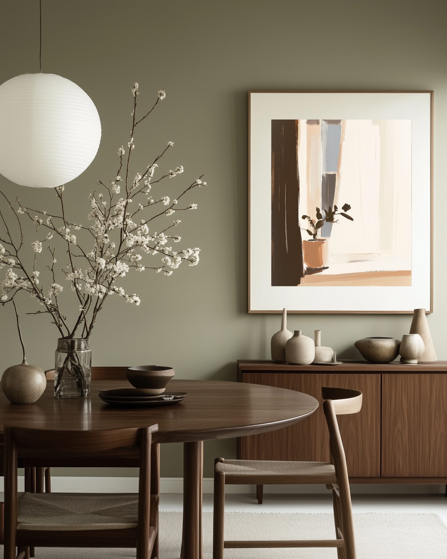 Dining room with wooden table, chairs, and decor elements.