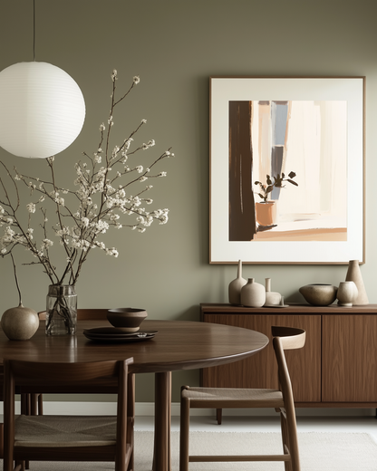 Dining room with wooden table, chairs, and decor elements.