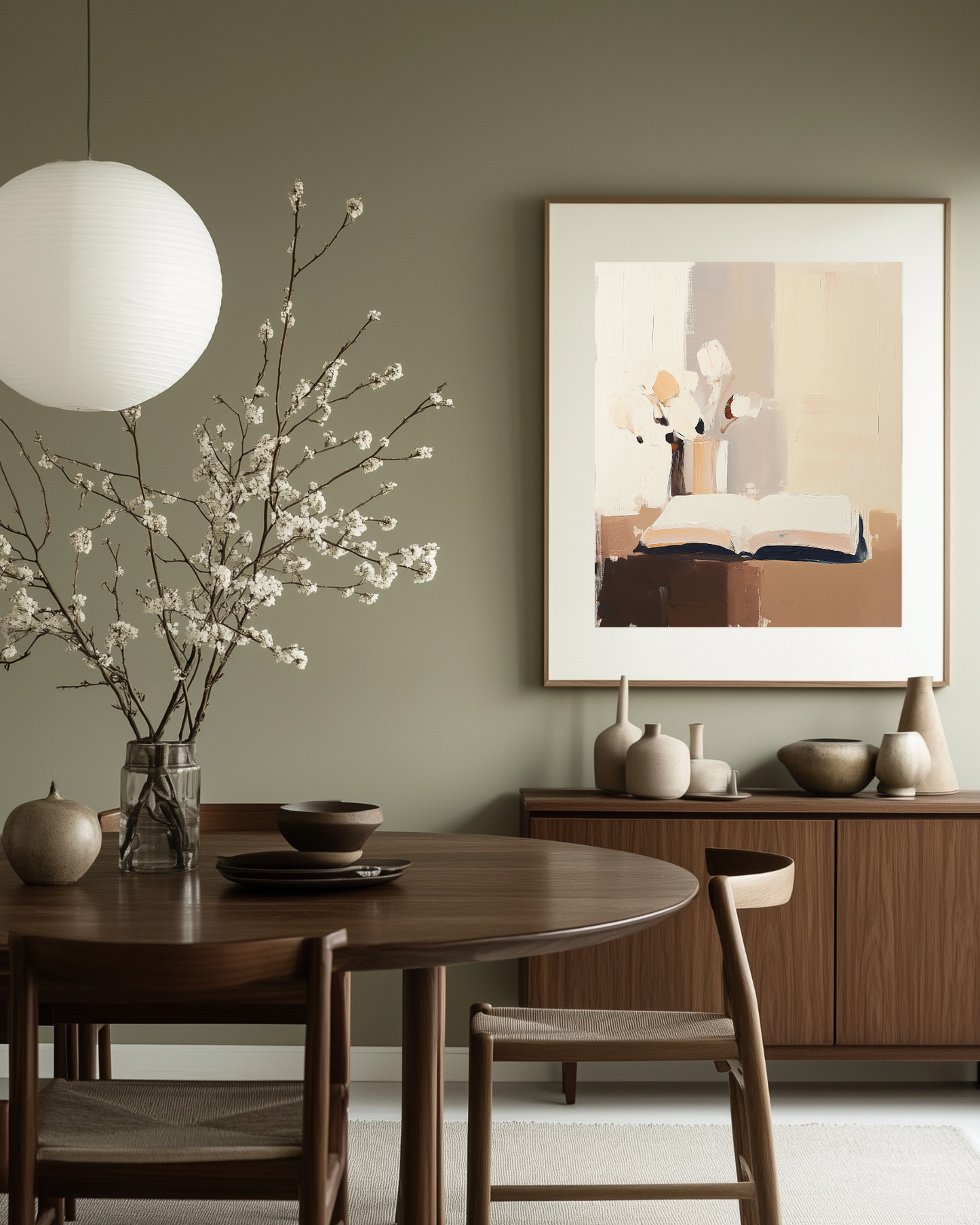 Dining room with wooden table, chairs, and a large framed picture on the wall.