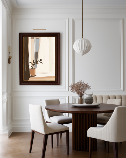 Dining room with wooden table, white chairs, and neutral beige luxury wall art