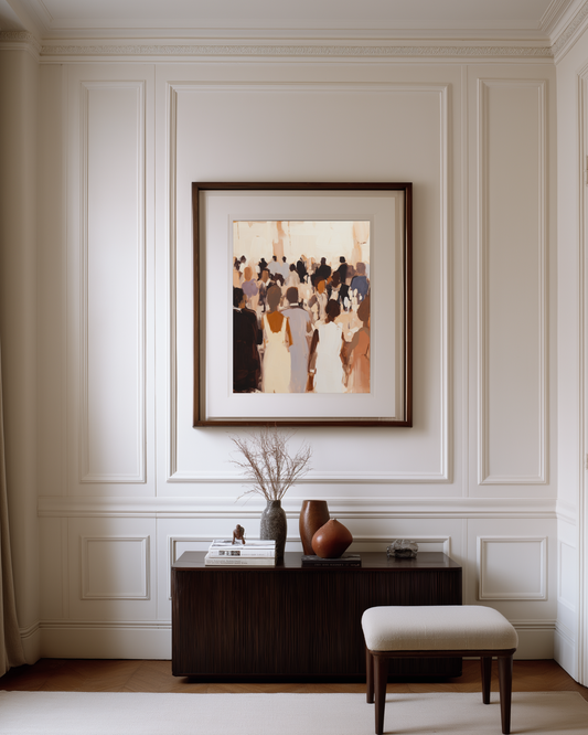 Framed abstract luxury wall art with a dark wooden console table and stool below.