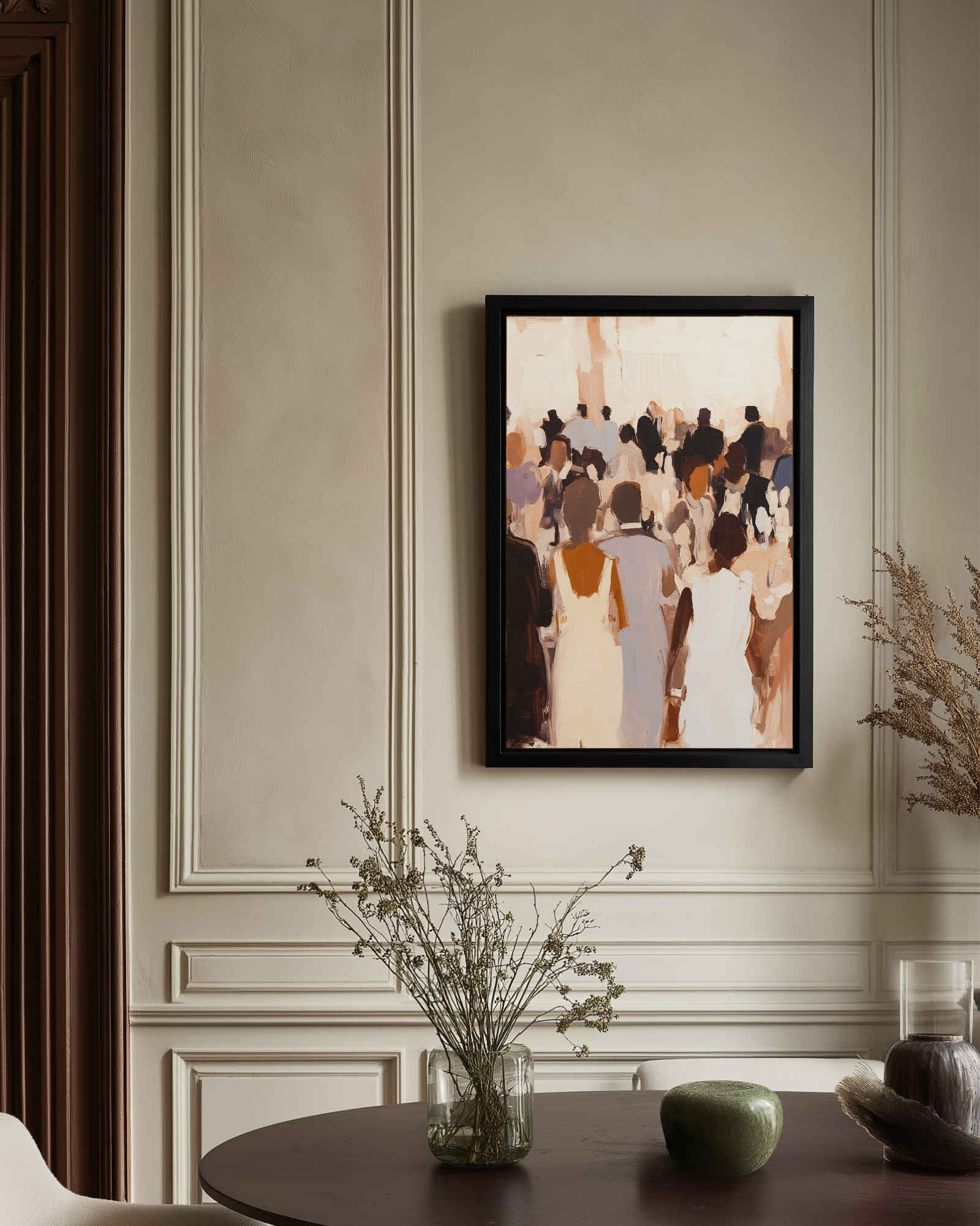 Framed abstract neutral painting of a crowd scene on a wall with decorative elements below.