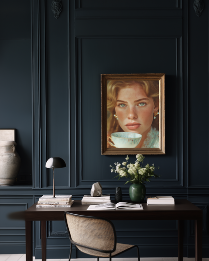 Framed fashion poster on a dark wall above a desk with books and a lamp.