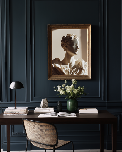 Framed minimalist luxury portrait of female bust sculpture on a dark blue wall above a desk 