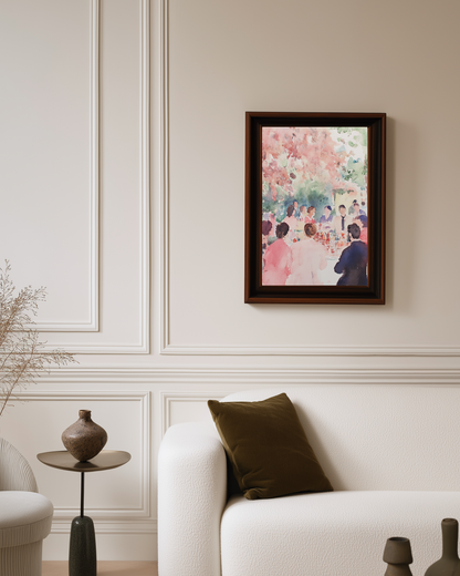 Framed pink watercolor poster on a wall above a white sofa with decorative pillows.
