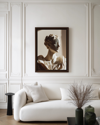 Framed portrait of ancient Greek female sculpture on a wall above a white sofa in a living room.