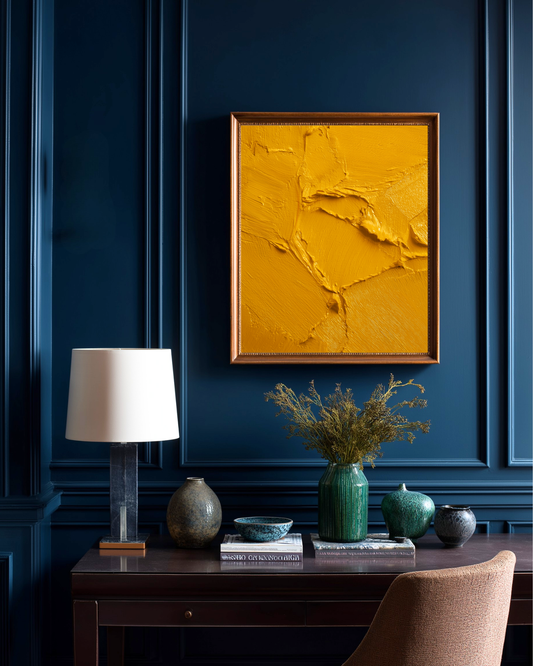 Home office with dark blue walls and abstract yellow painting