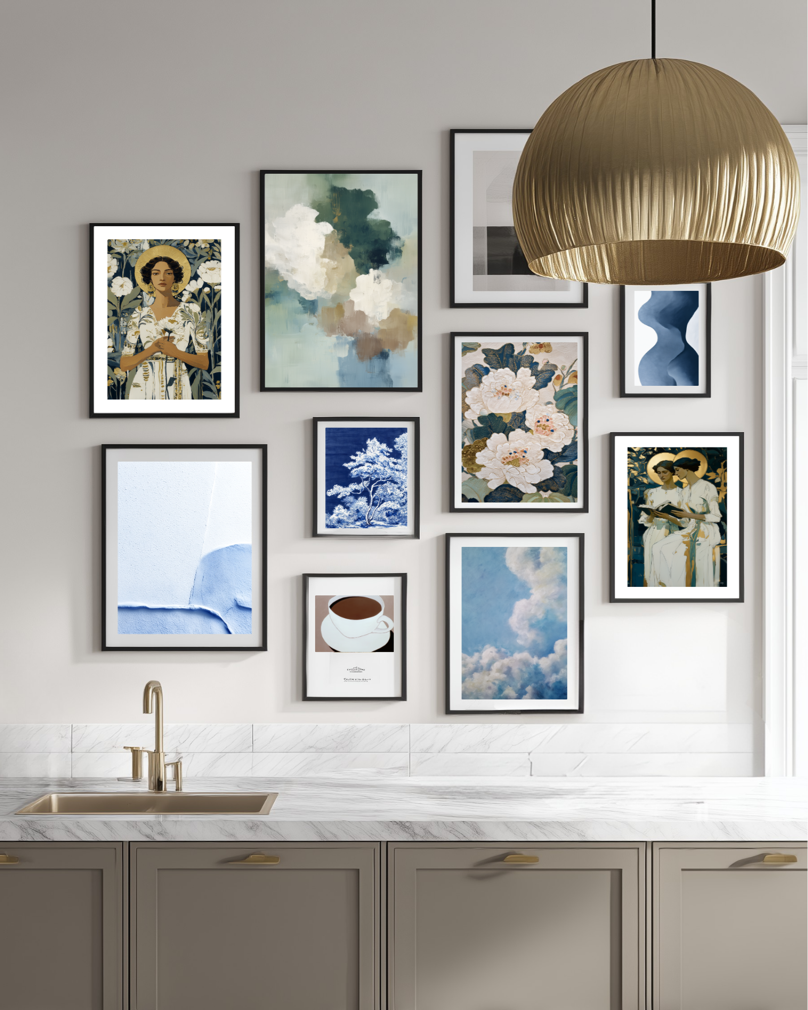 Kitchen with wall art above a countertop, featuring a gold pendant light.