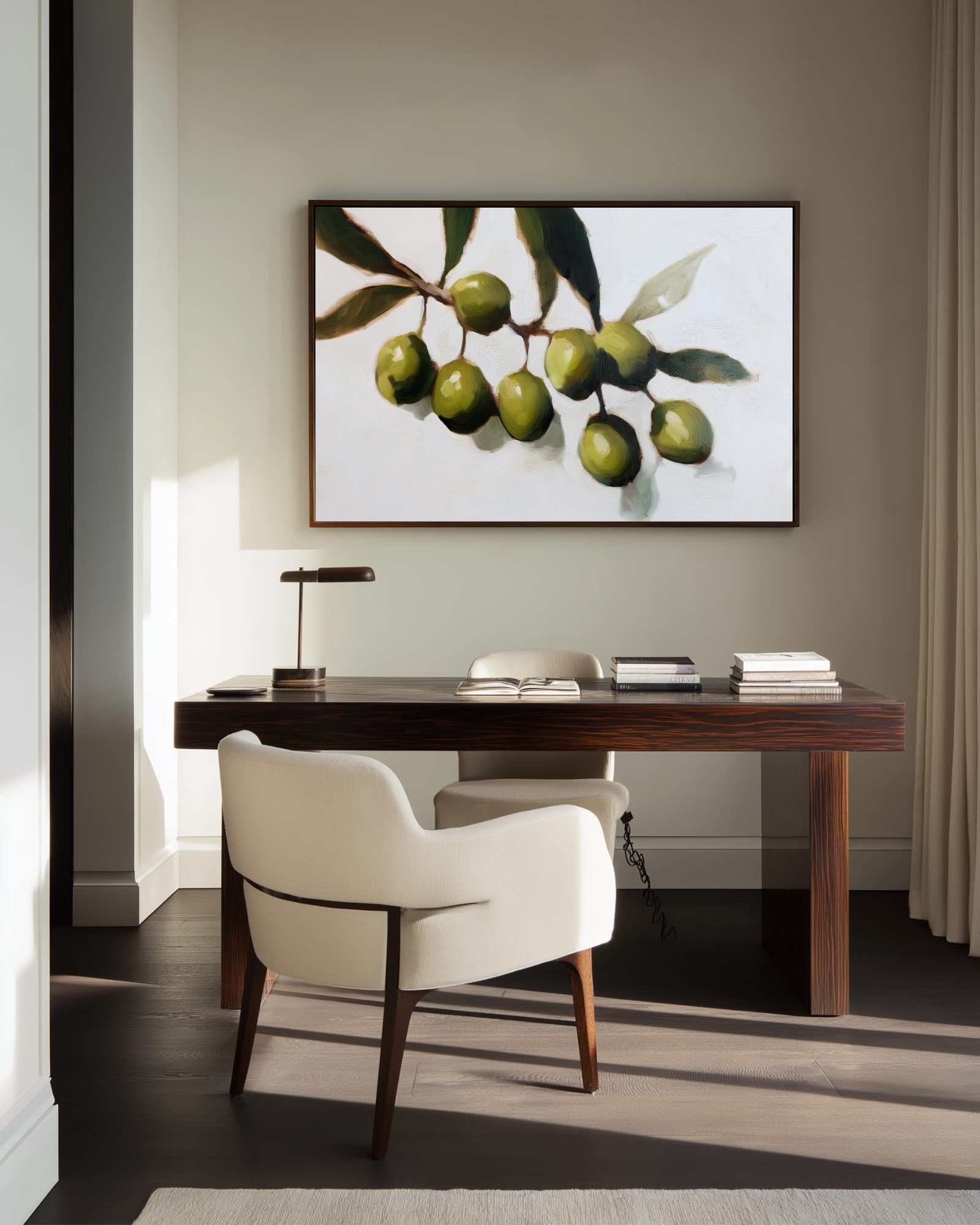 Large horizontal green olives painting in a modern Zara style home office.