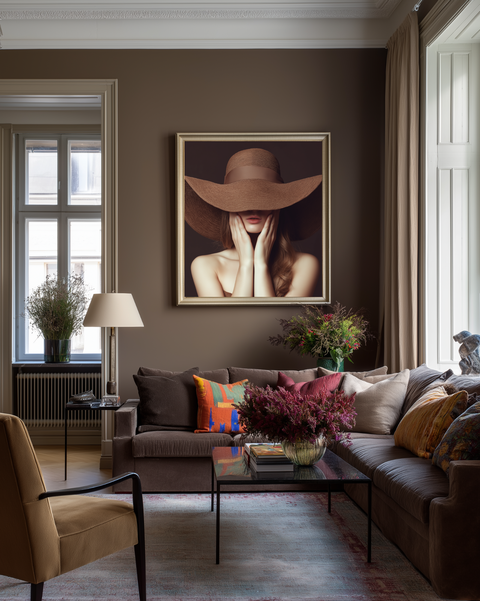 Living room with a brown sofa, decorative pillows, and espresso brown fashion wall art.