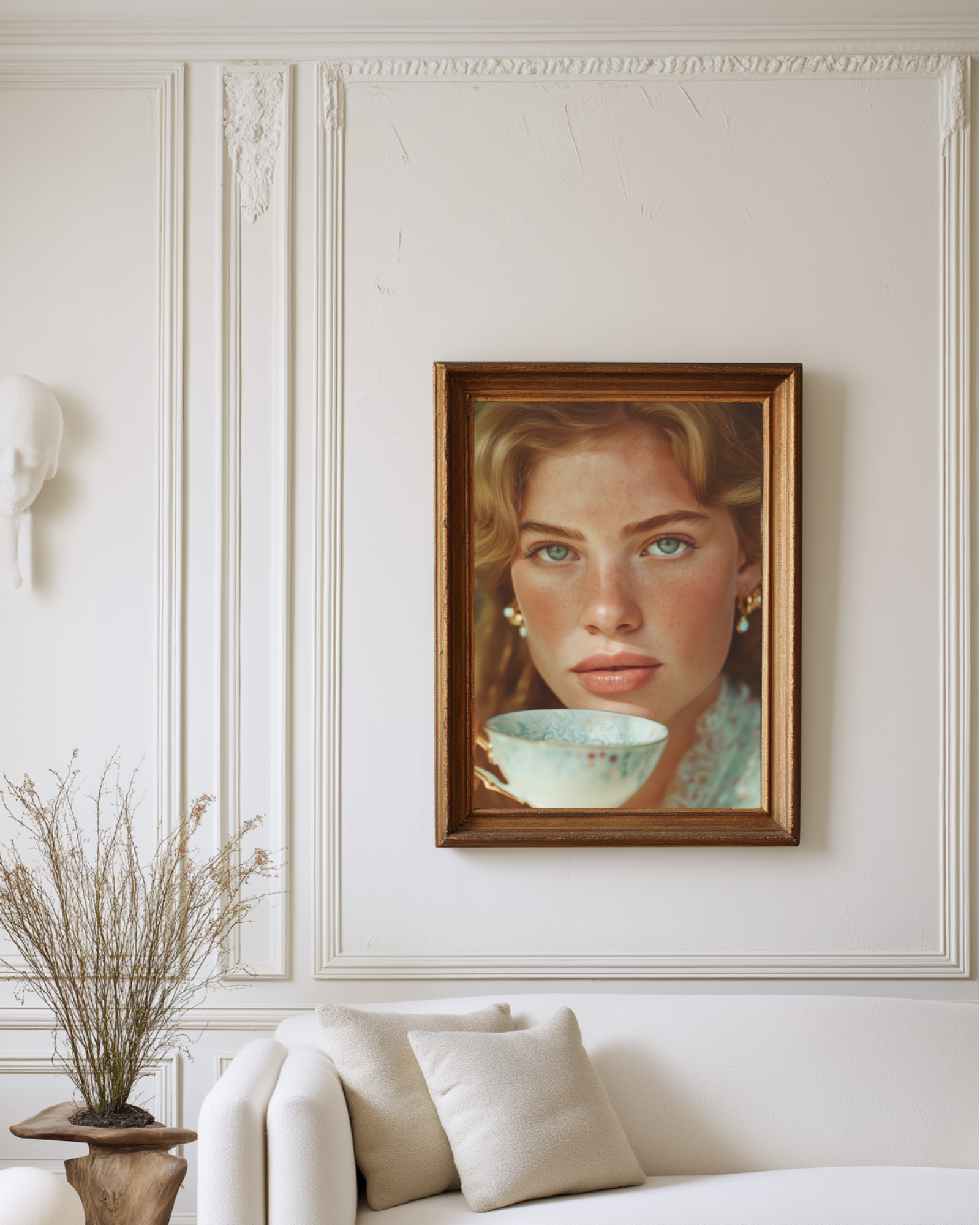 Living room with a framed fashion portrait of a woman on the wall above a white sofa.