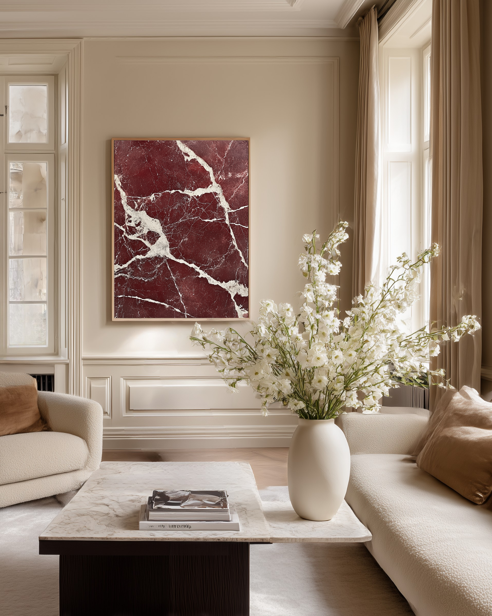 Living room with a marble coffee table, vase of flowers, and a large dark red marble stone poster.