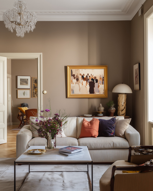 Living room with beige sofa, coffee table, and beige luxury wall art