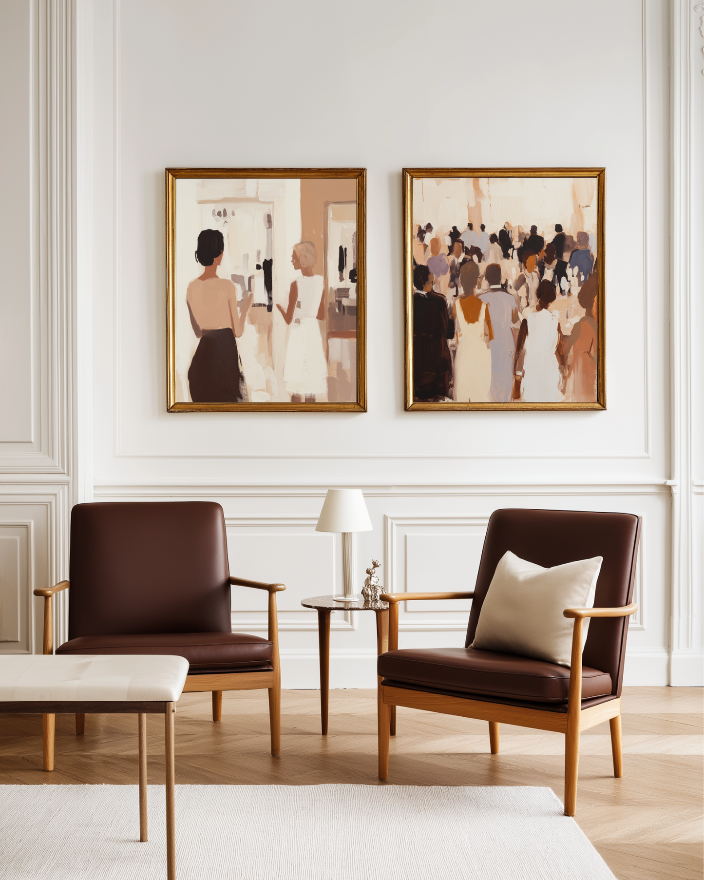 Living room with two brown armchairs, a small table and wall art depicting people.