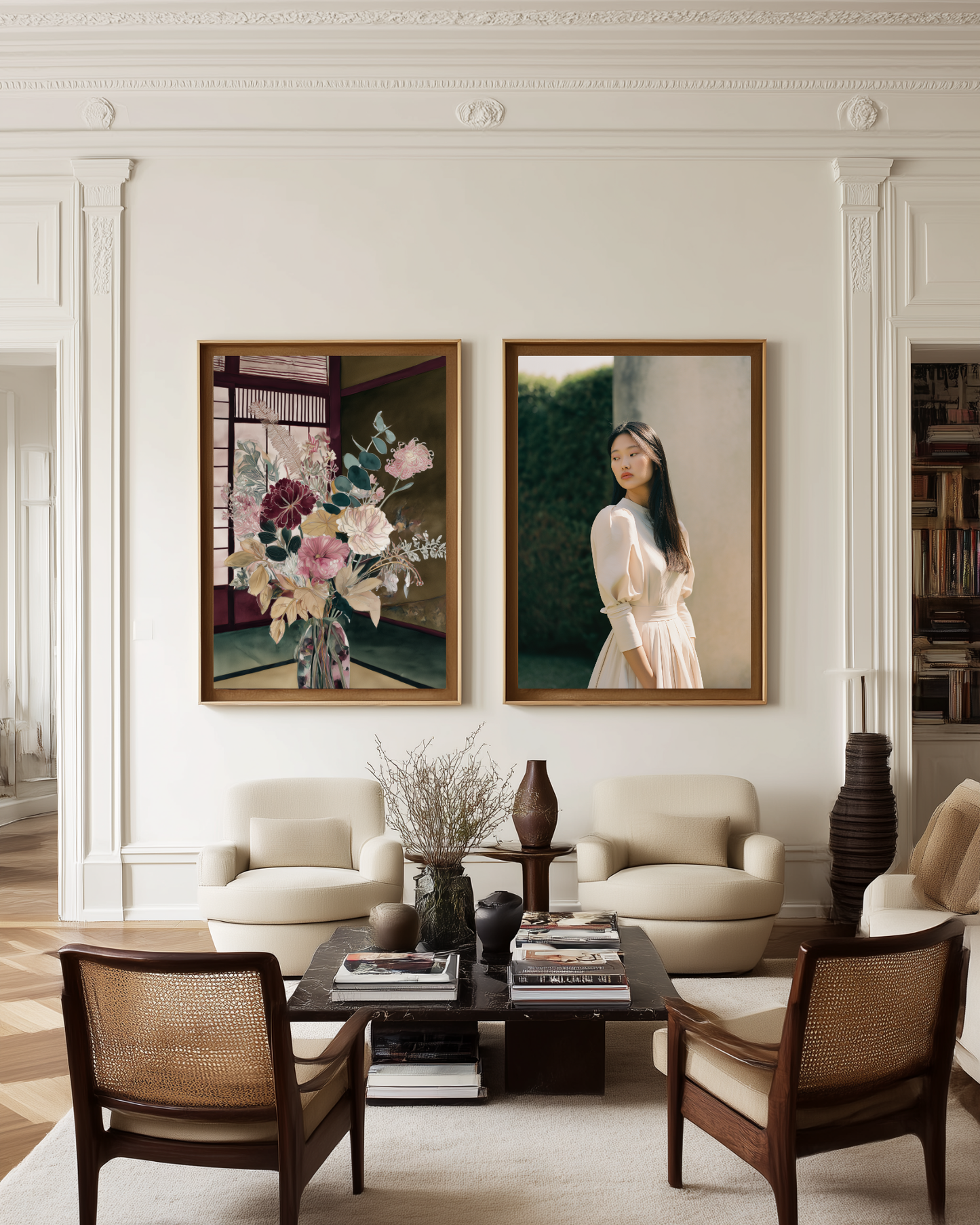 Living room with two framed artworks on the wall, a coffee table with books and a vase, and chairs.
