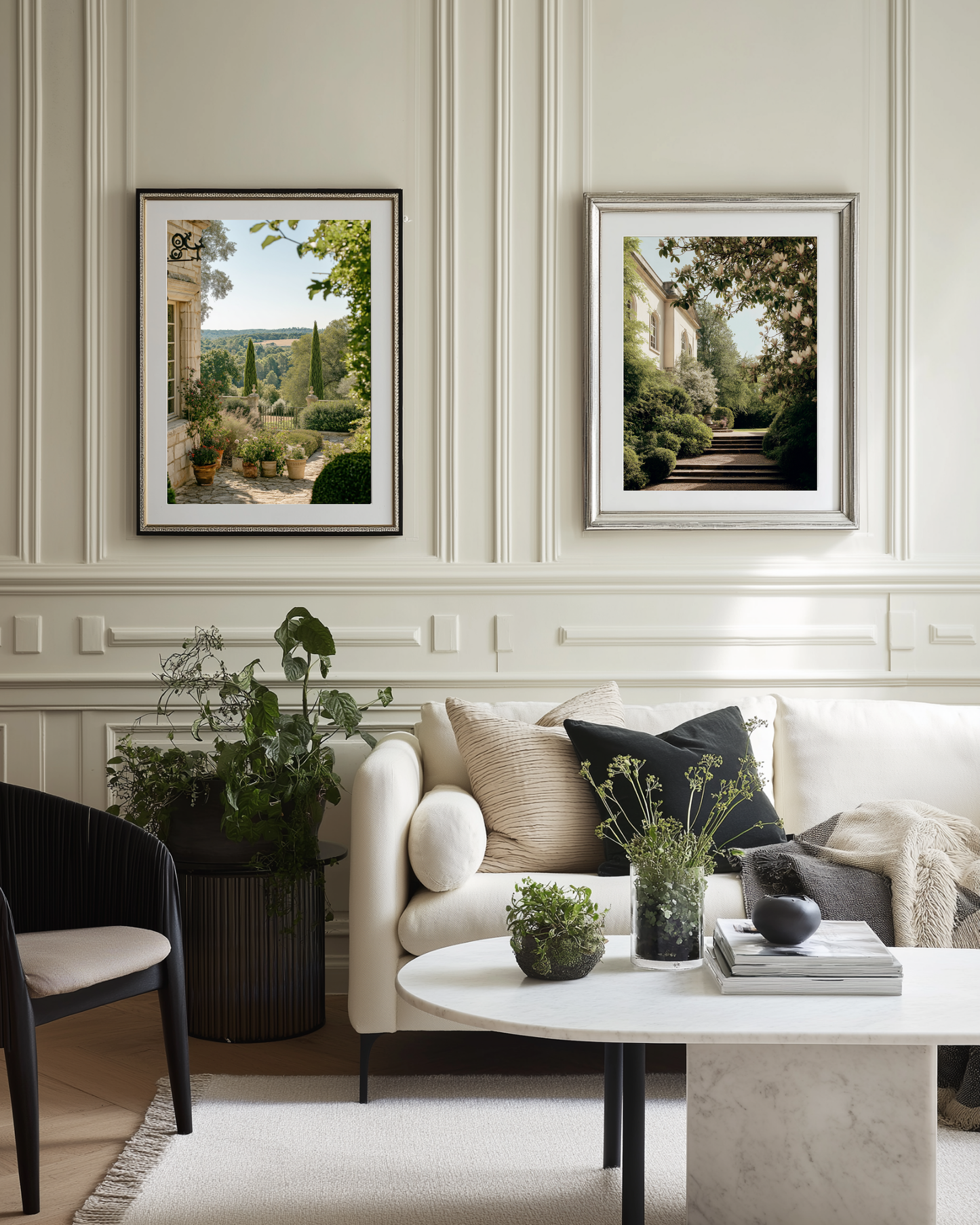 Living room with white walls, a beige sofa, and decorative elements.
