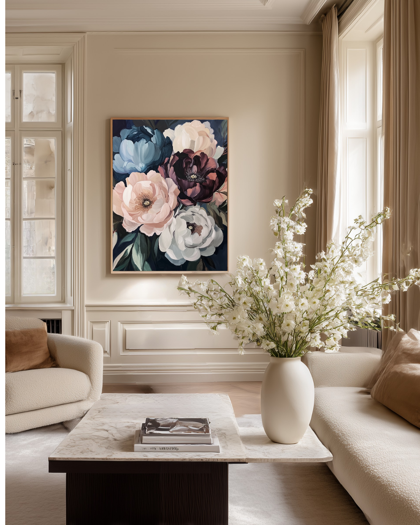 Living room with floral artwork on the wall, a vase of flowers on a coffee table, and beige walls.