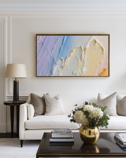 Luxury living room with a white sofa, a large abstract pastel art print, and decorative items.