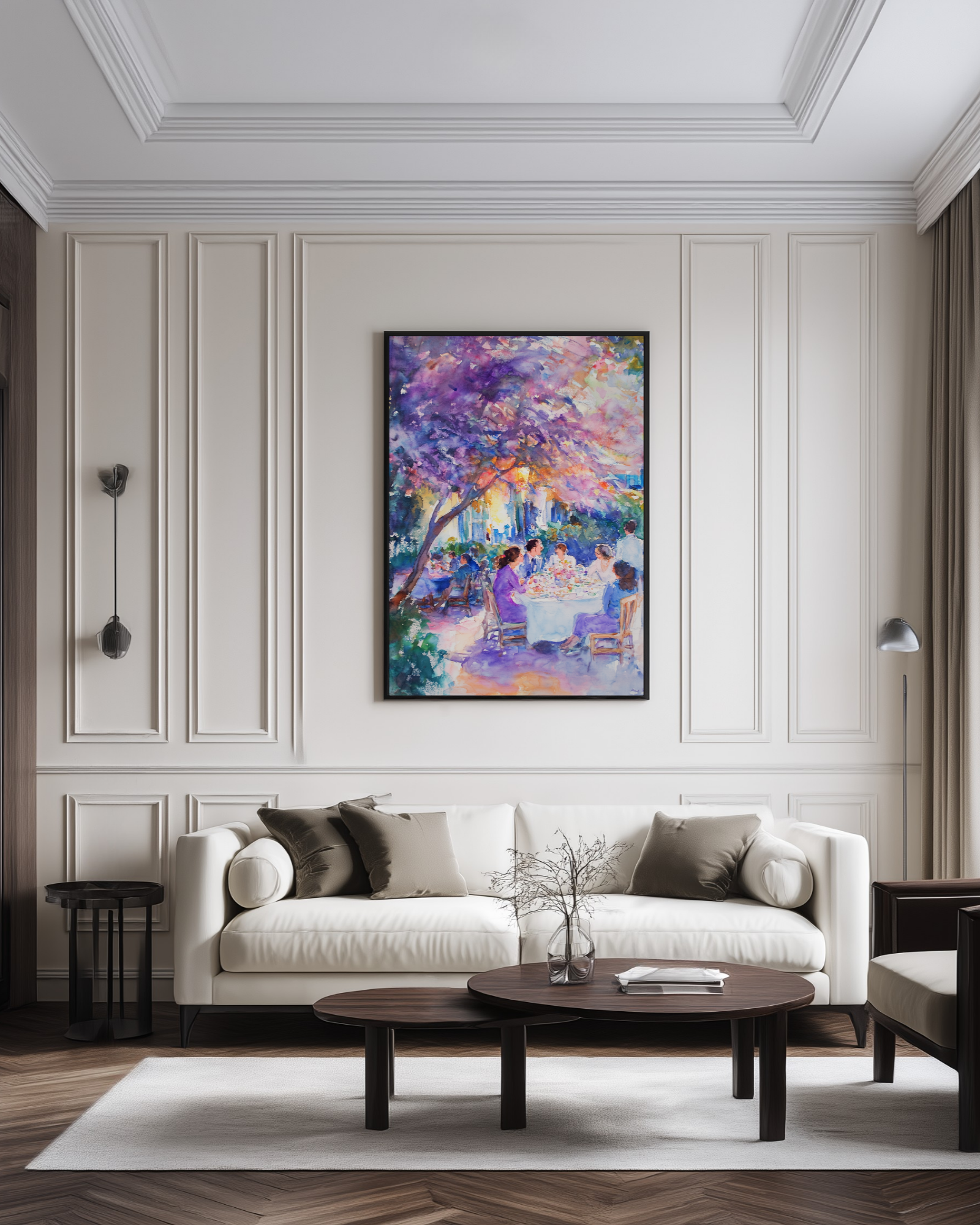 Luxury living room with white walls, dark wood furniture and a large purple watercolor art print.
