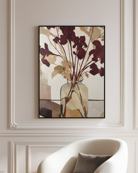 Luxury wall art of burgundy and beige florals.