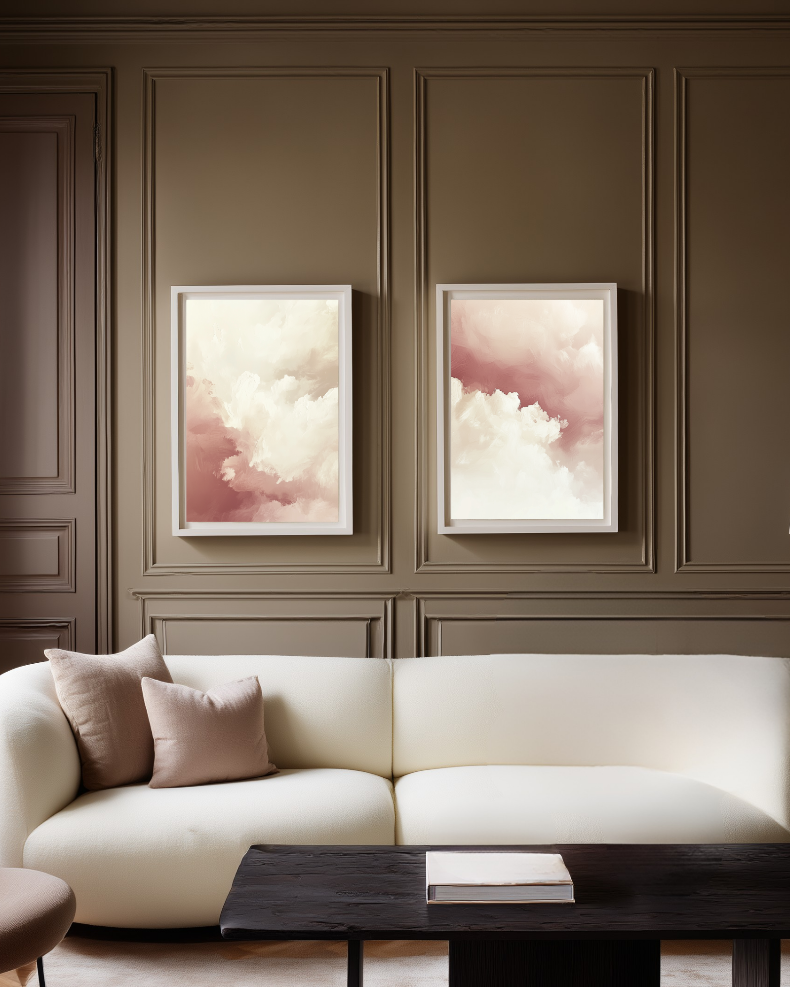 Matching set of two matching large abstract pink clouds framed romantic posters on mocha mousse walls.