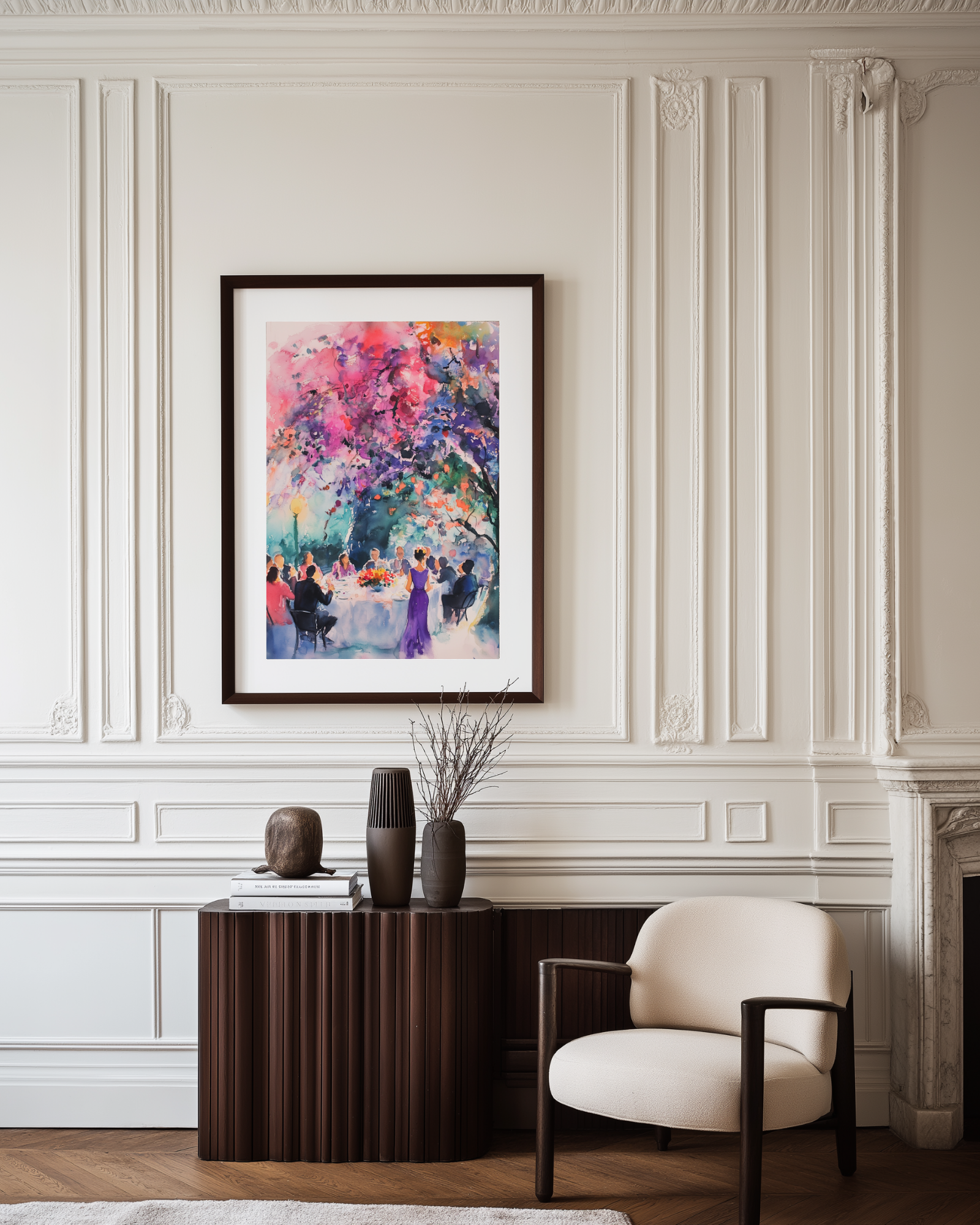 Decorative luxury interior with a colorful painting, wooden console table, and white armchair.