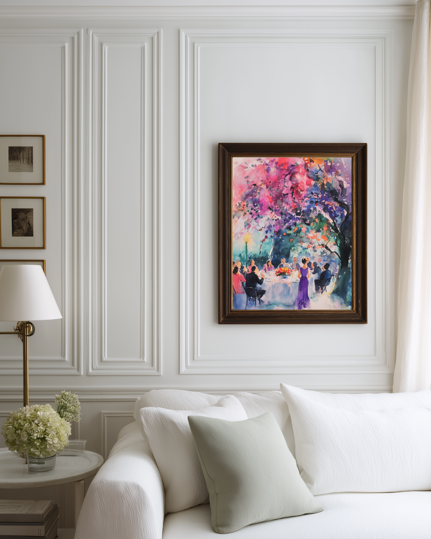 Decorative painting on a wall above a white sofa in a stylish living room.