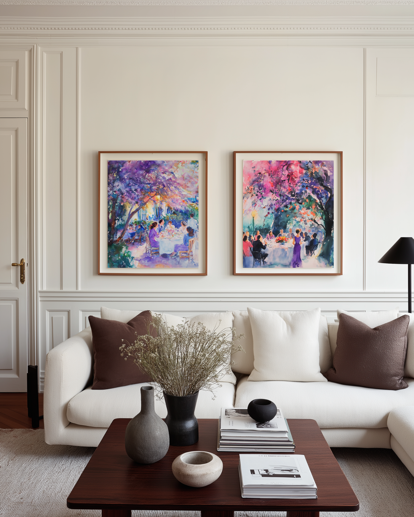 Living room with a white sofa, coffee table, and colorful purple wall art.