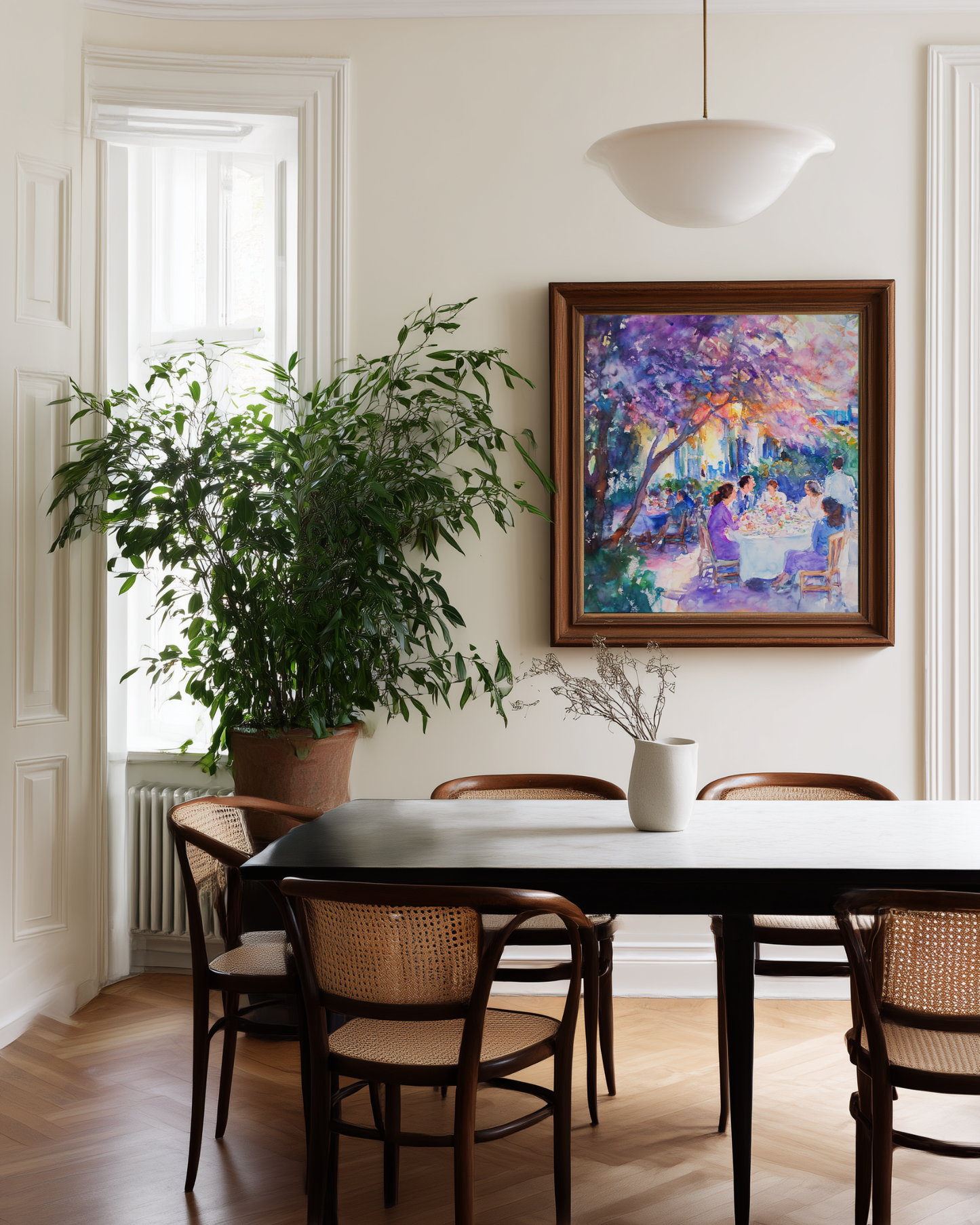 Dining room with a table, chairs, and a colorful purple watercolor painting on the wall.