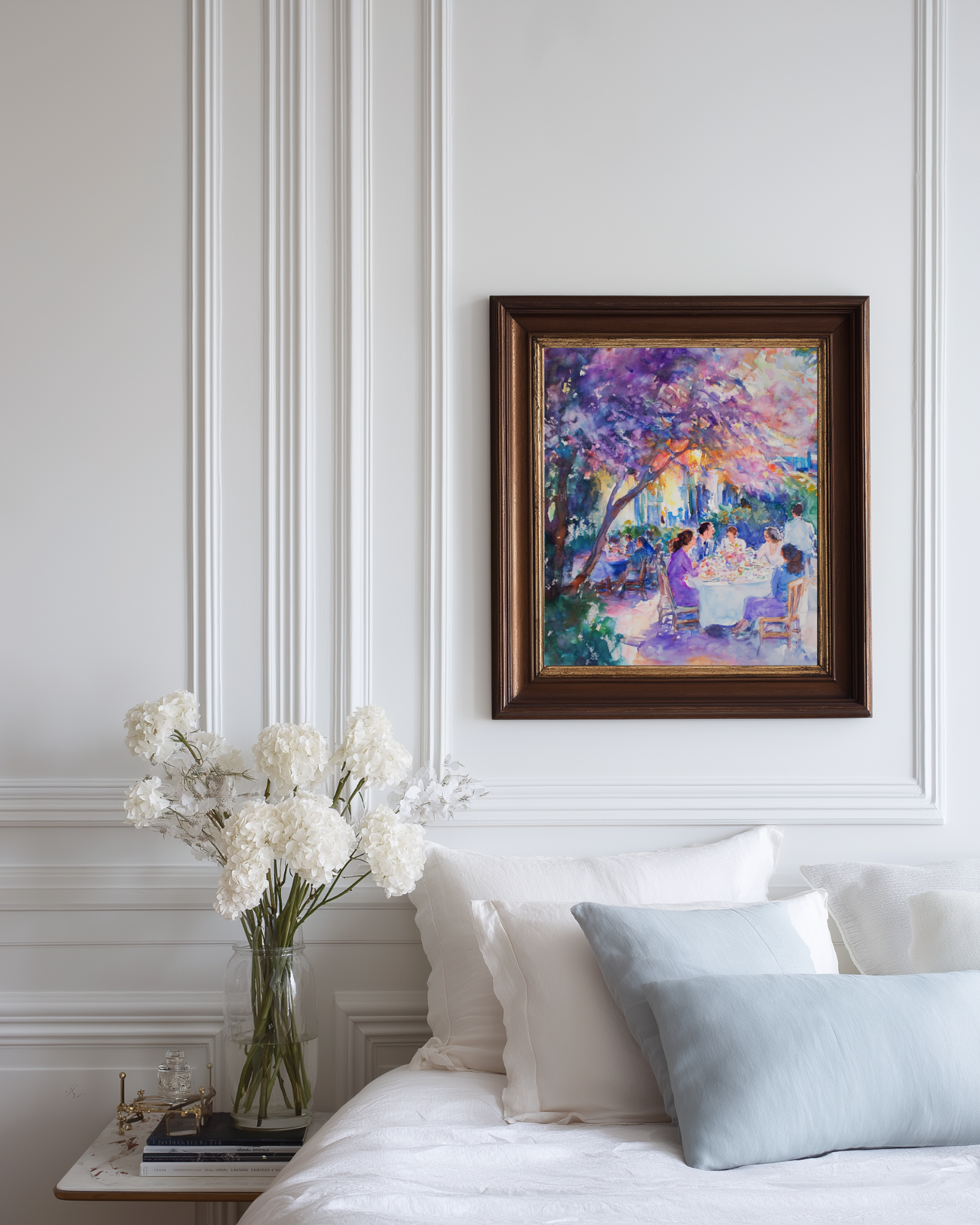 Framed purple painting above a bed in a bedroom with white walls and decorative white and light blue elements.