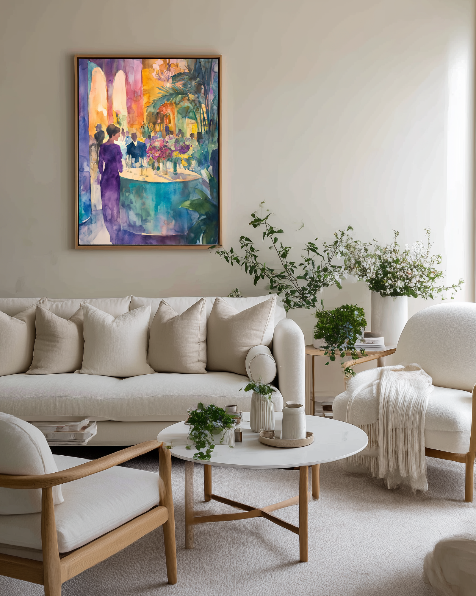 Modern living room with a colorful painting, beige sofa, and white coffee table.