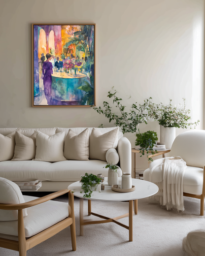 Modern living room with a colorful painting, beige sofa, and white coffee table.