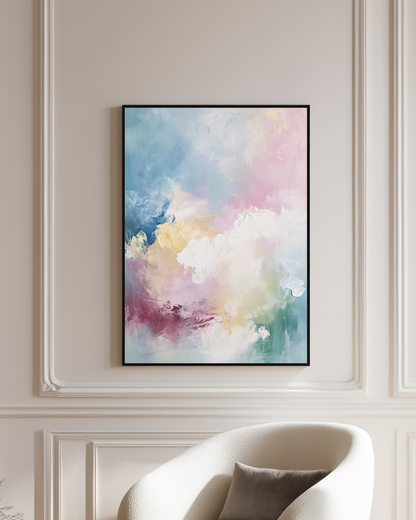 Abstract painting with pastel colors on a wall above a white chair