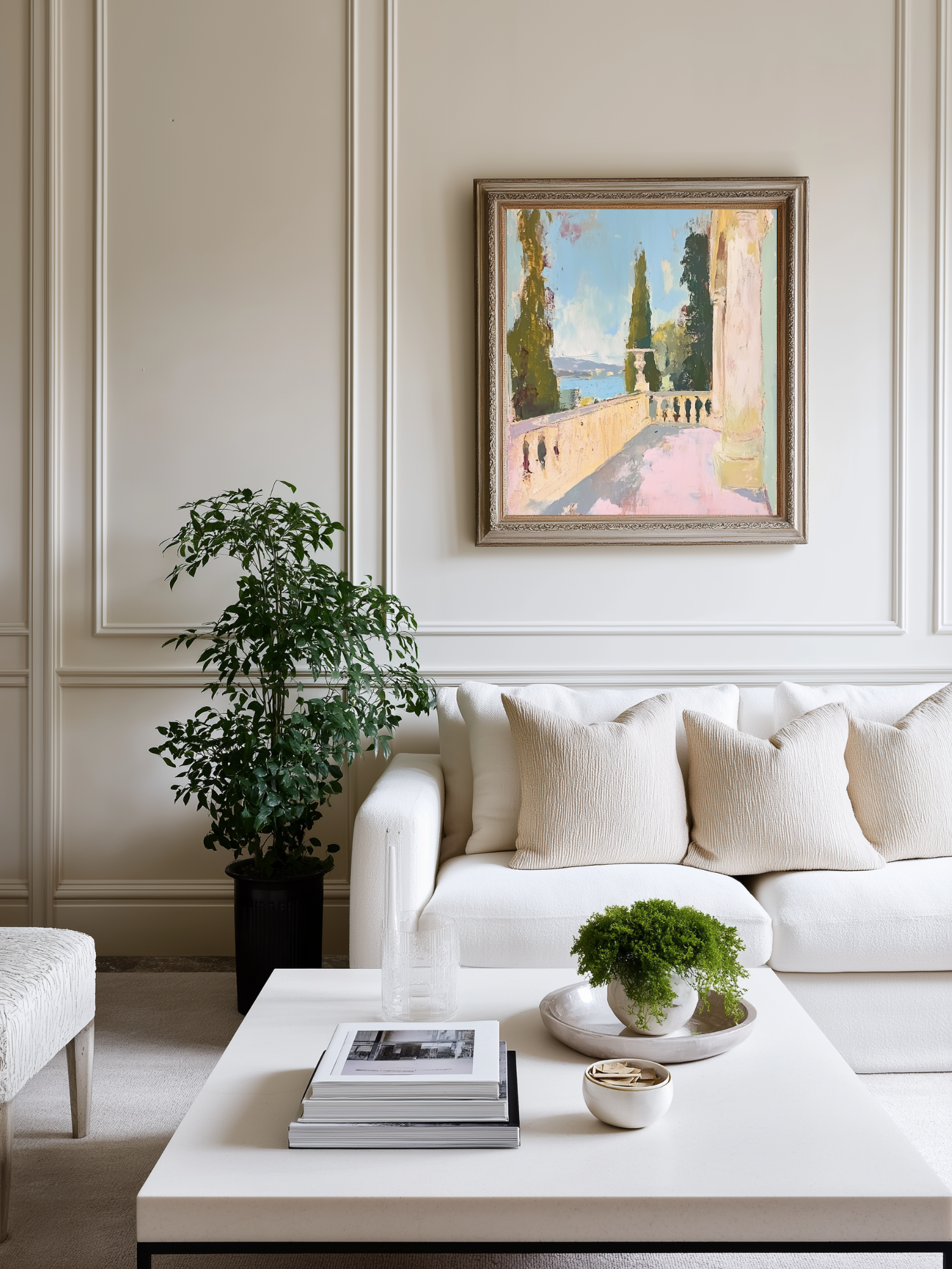 Living room with a white sofa, coffee table, and framed artwork on the wall.
