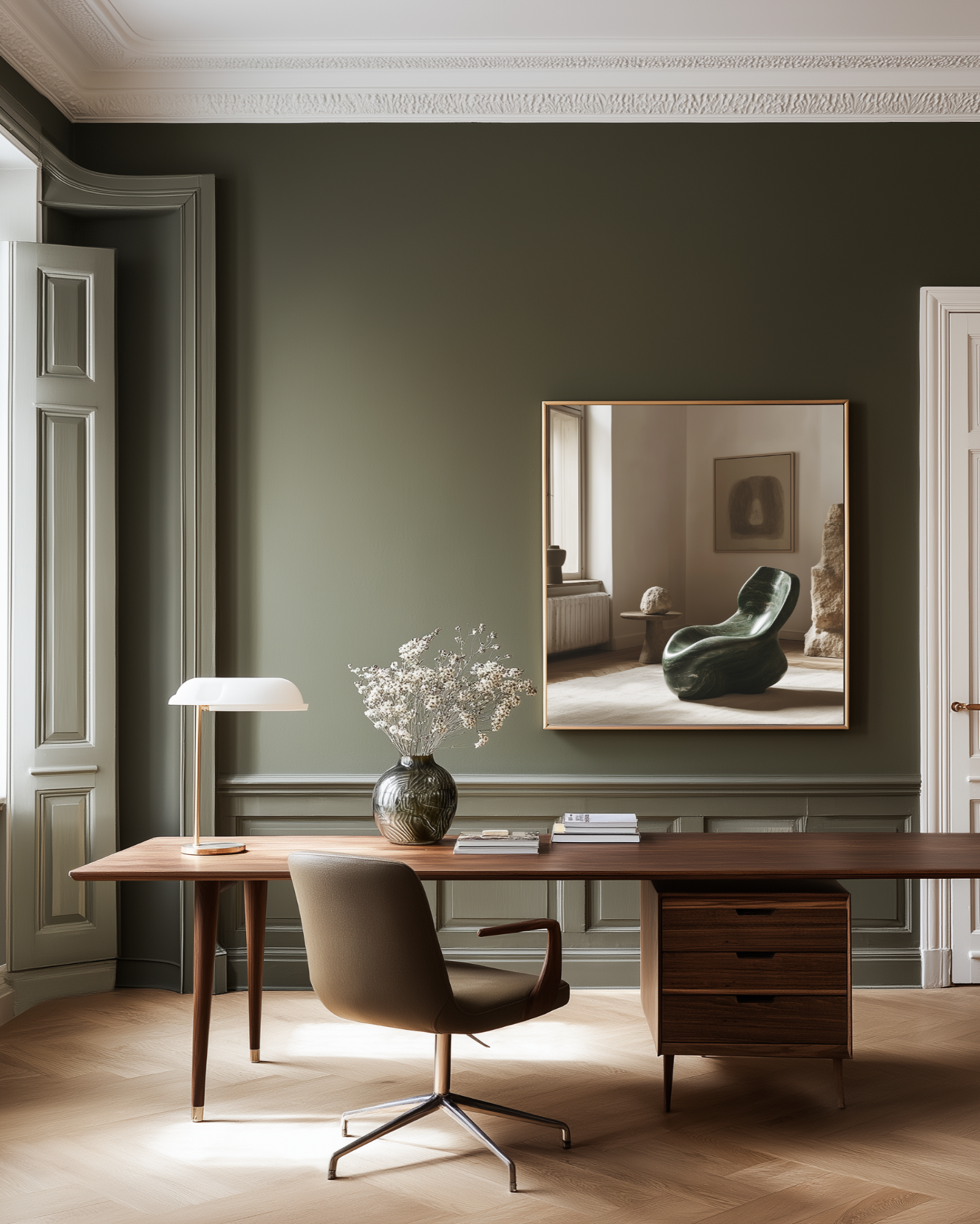 luxury office with dark olive green walls and photography wall art with green marble chair