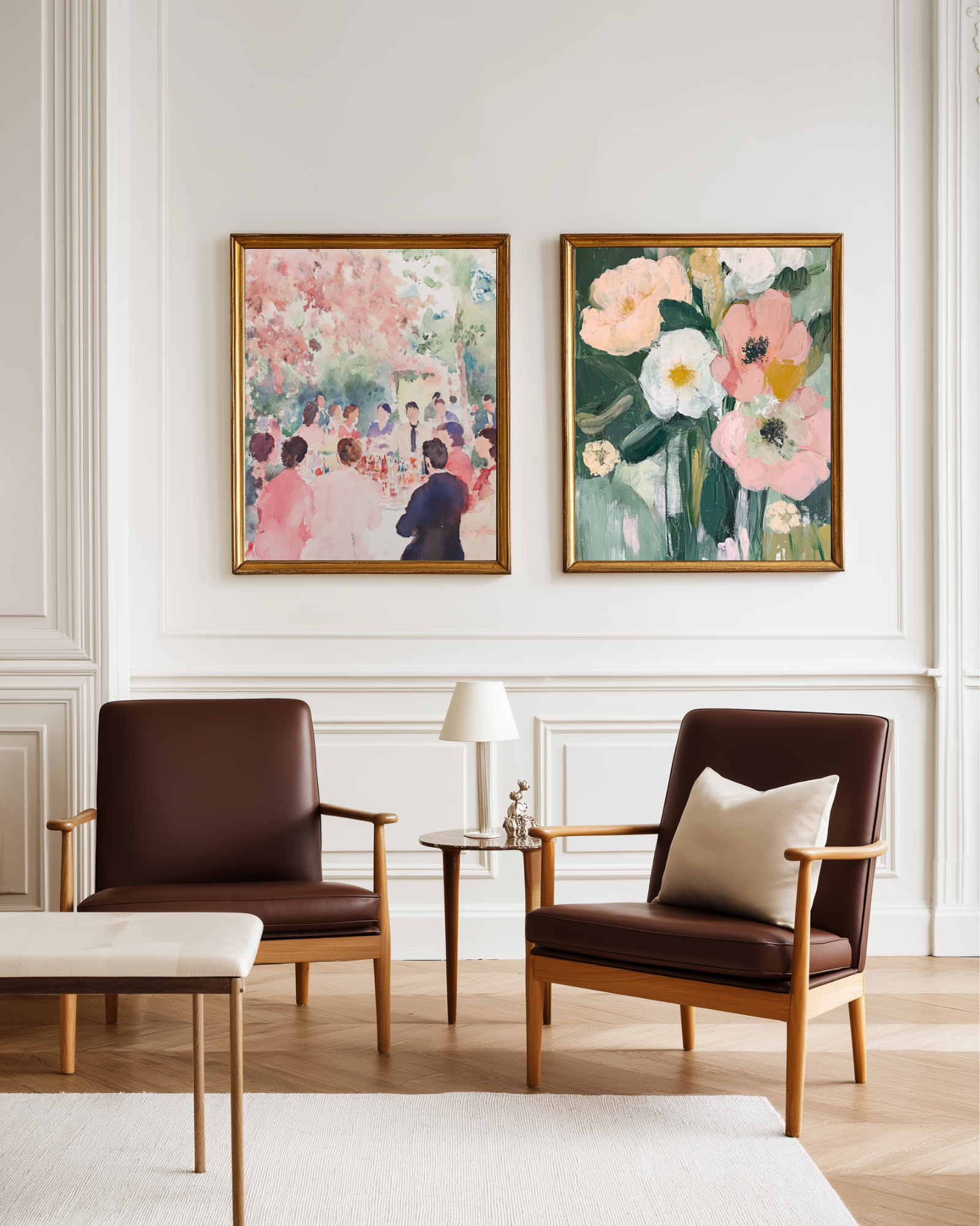 Living room with two brown armchairs, a small table, and two floral paintings on the wall.