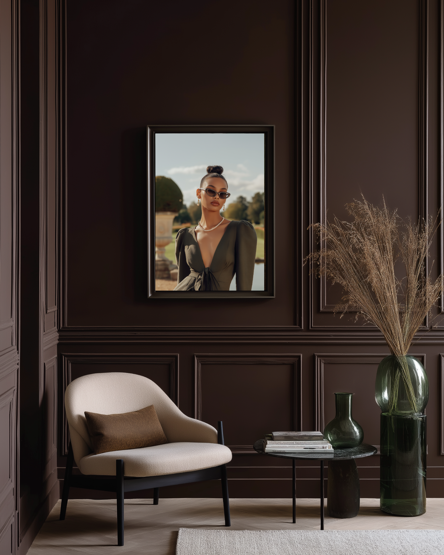 Modern interior with a framed portrait on a dark wall, a beige armchair, and decorative vases.