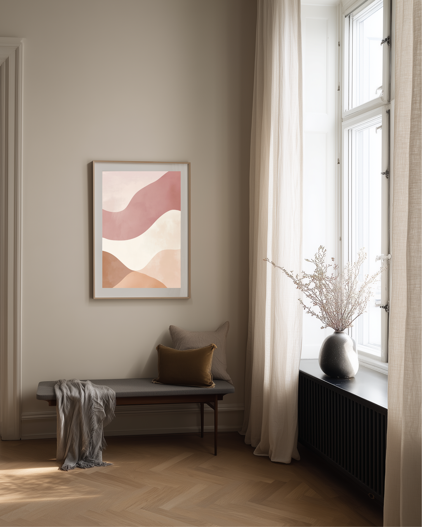 Modern interior with abstract pink luxury art, bench, and window with white curtains.