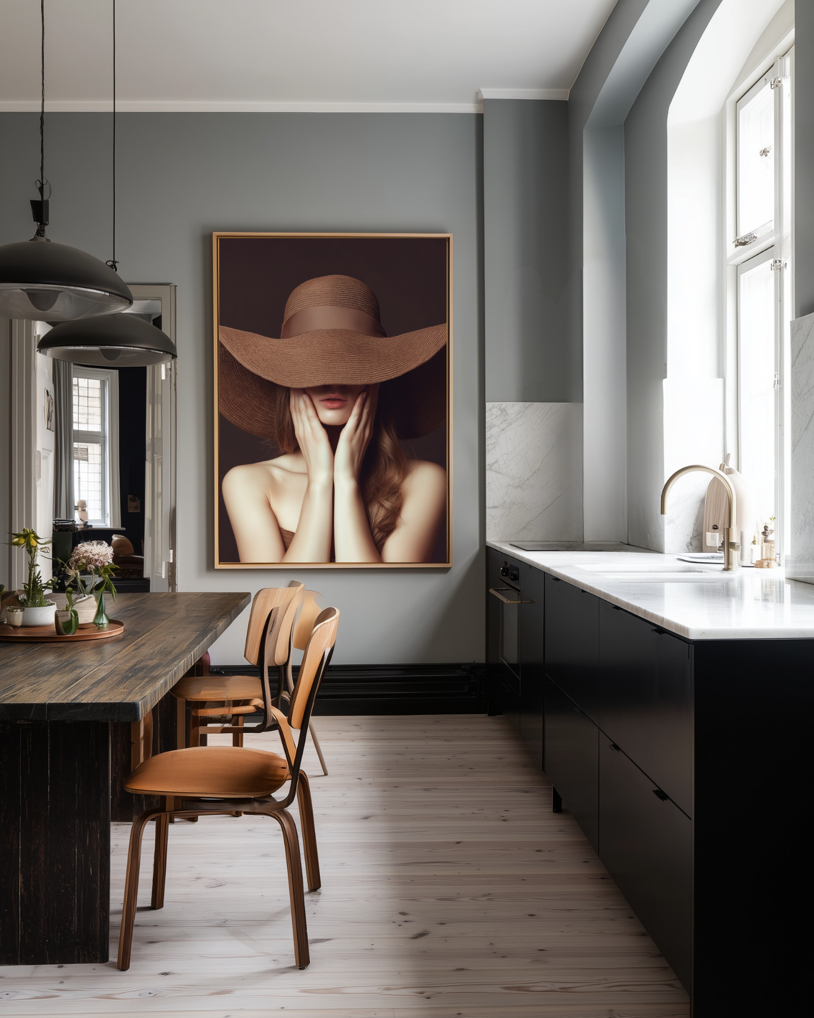 Modern kitchen with a large portrait of a woman wearing a wide-brimmed brown sunhat on the wall.