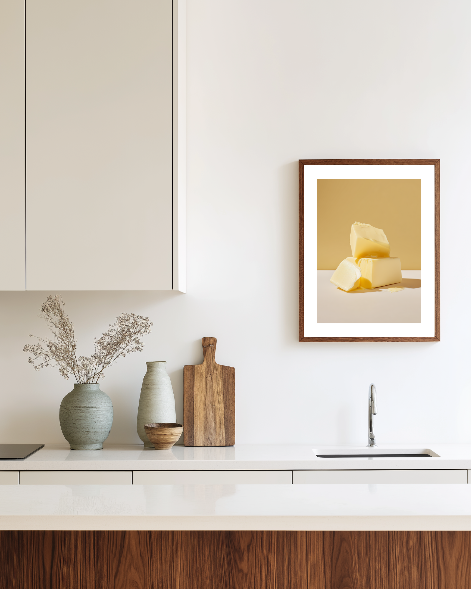 Modern kitchen with framed yellow butter art print, vases, and cutting board on a white countertop.