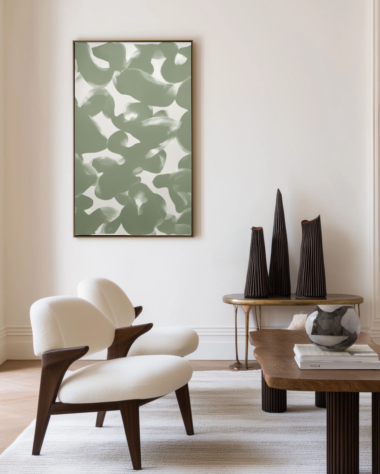 Modern living room with a white armchair, wooden coffee table, and abstract green painting.